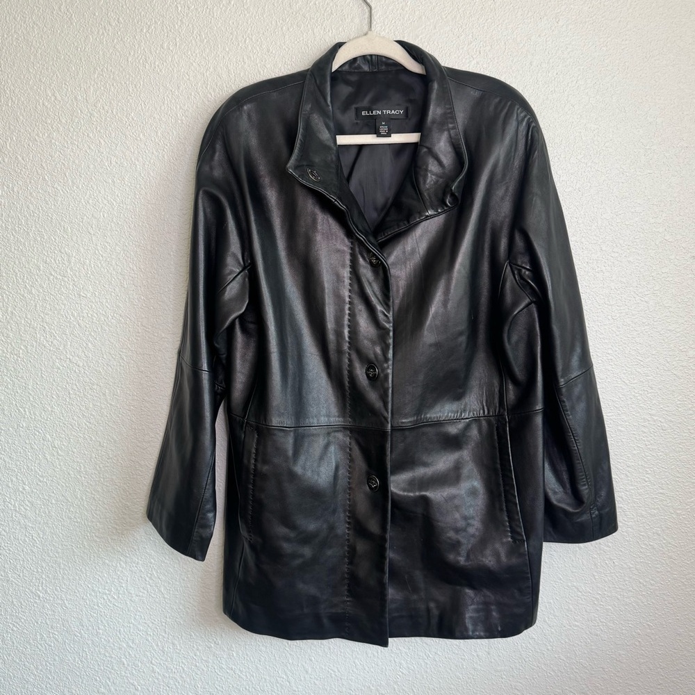Y2K Ellen Tracy Womens Medium 100% Leather Black Longlined Coat Jacket Gothic‎